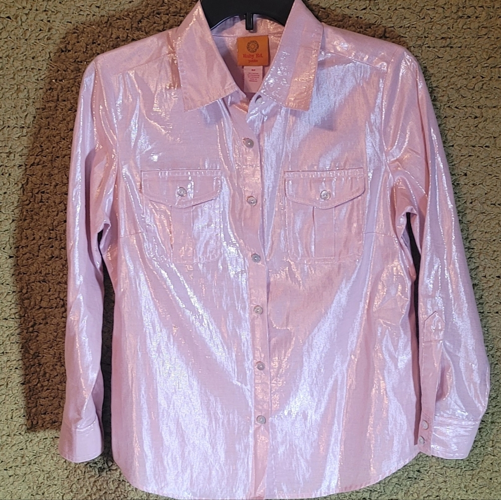 Ruby Rd. Blouse Light Pink Metallic Long Sleeve Roll Tab Shirt Party Dressy Size